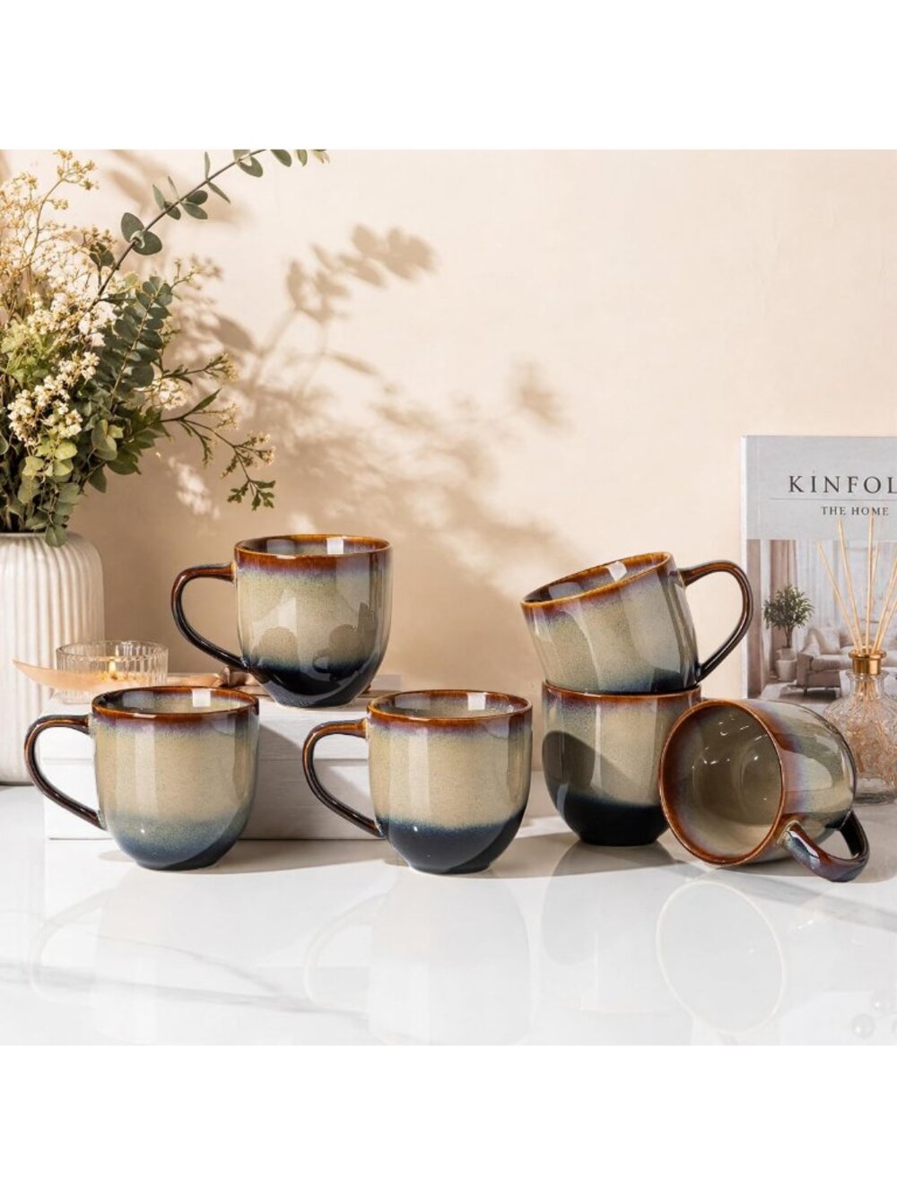 Set of 6 Ceramic Coffee Mugs, 12 oz Stylish Cups with Handle for Home & Office